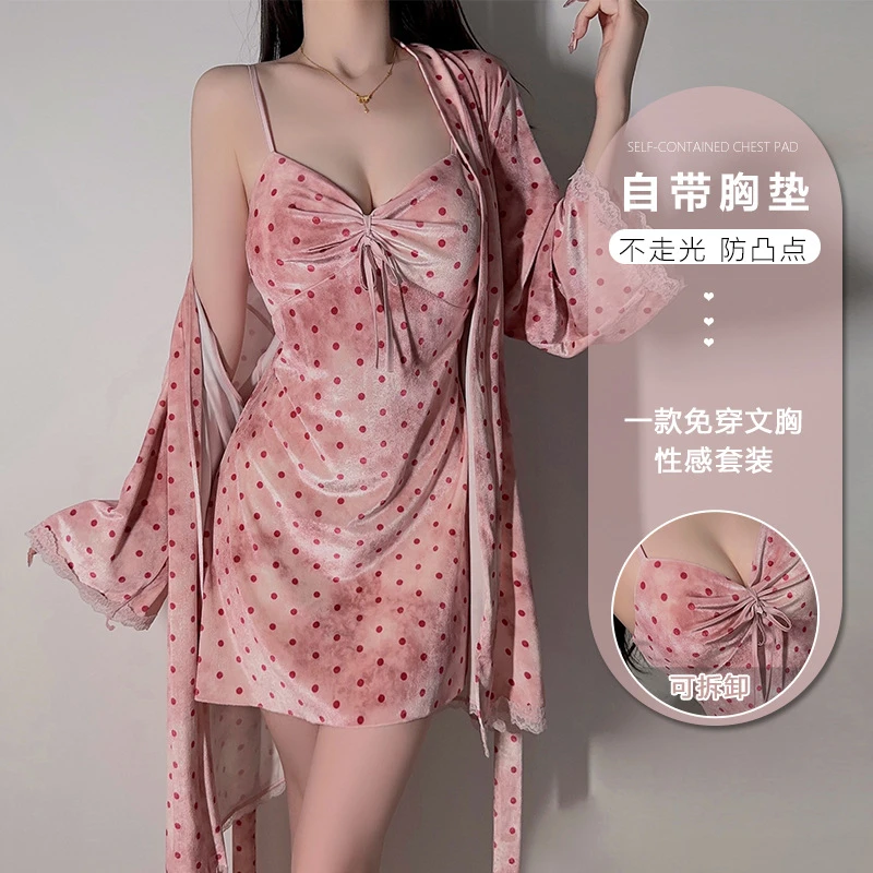 【80-140】轻奢丝绒波点印花睡裙修身深V加胸垫甜美吊带裙外袍套装