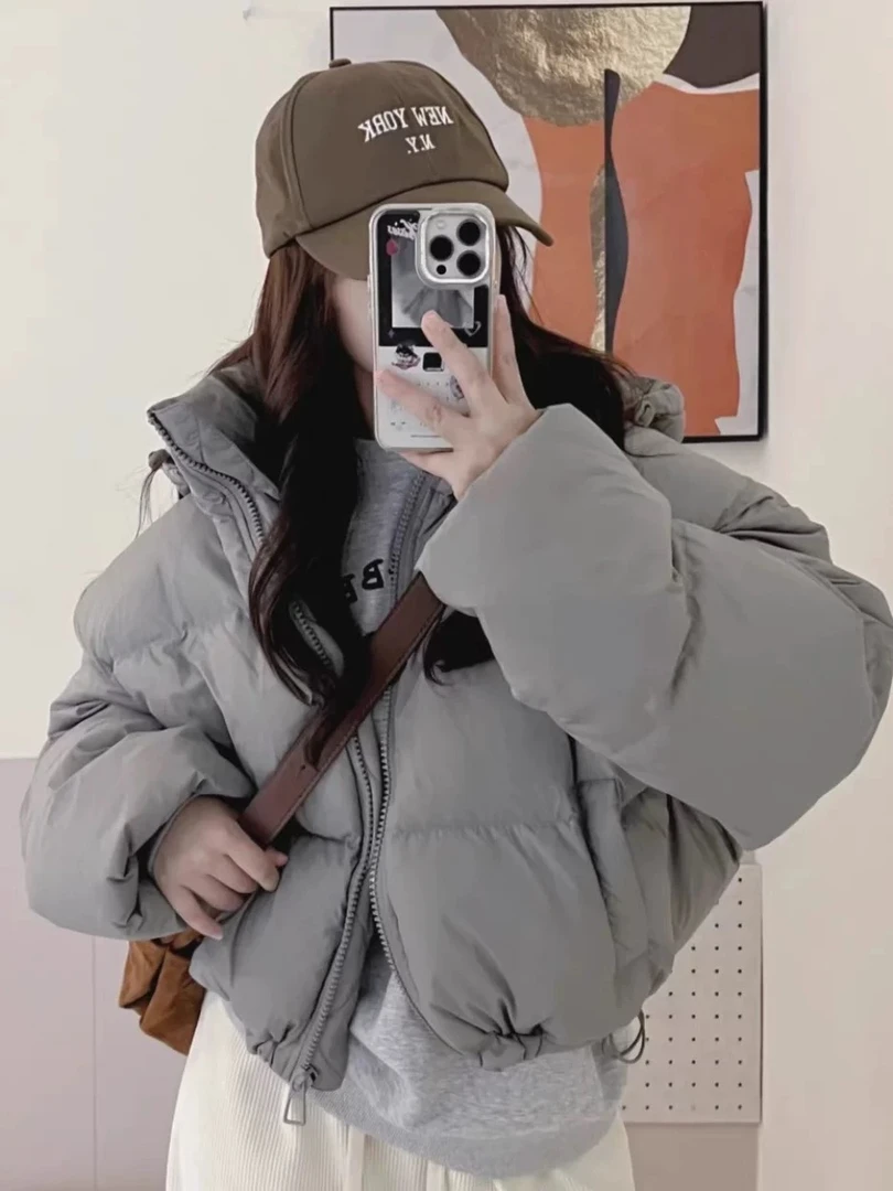 2025新款韩版短款连帽白鸭绒羽绒服女小个子加厚宽松面包服