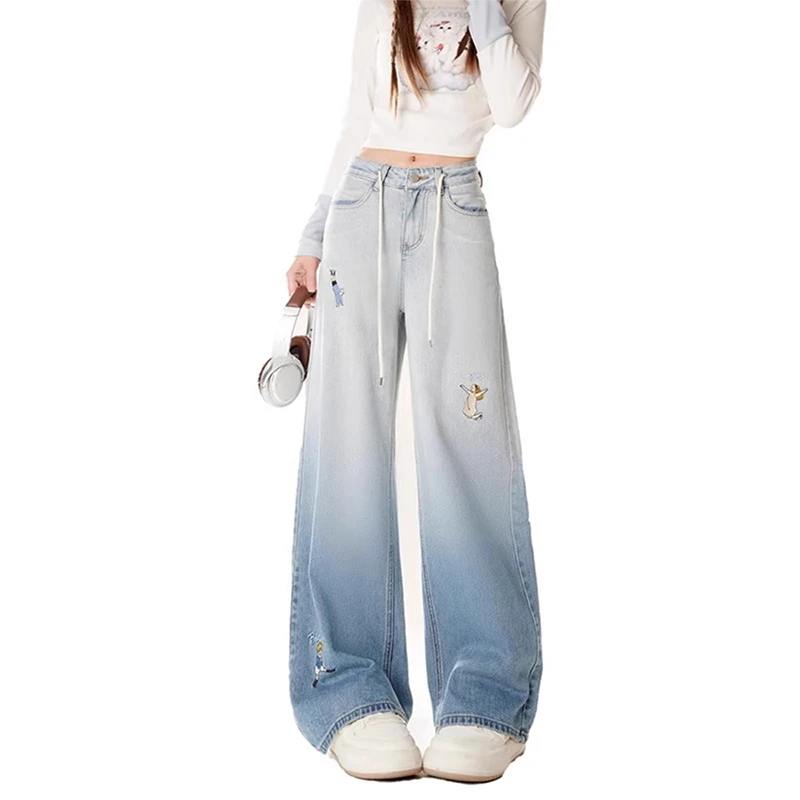 美式复古渐变蓝刺绣牛仔裤女春季2025新款设计感宽松百搭阔腿裤子
