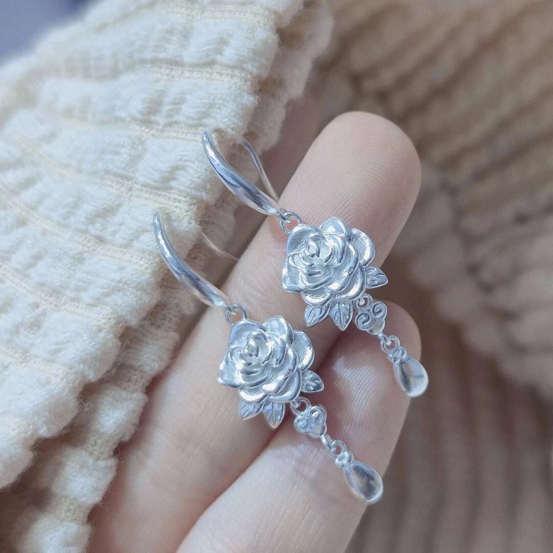 Dailysurprise 足银耳饰 足银990水滴玫瑰耳坠