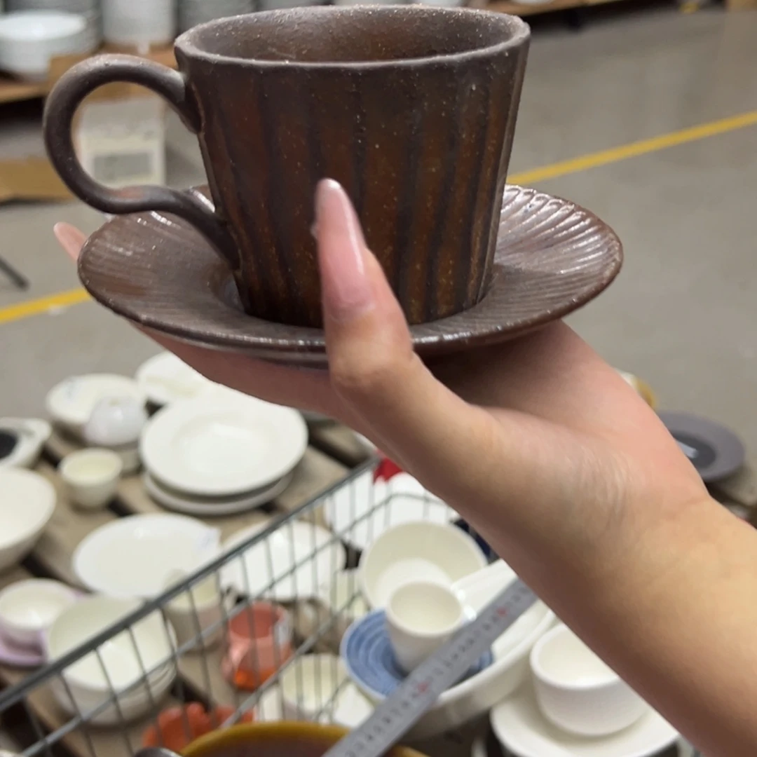 新骨瓷070微瑕铁锈釉粗陶 质感 咖啡杯碟套装