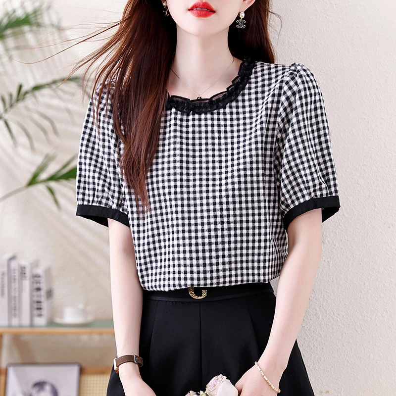 韩系撞色木耳边拼接短袖衬衫女夏季2025新款减龄宽松格子小衫上衣