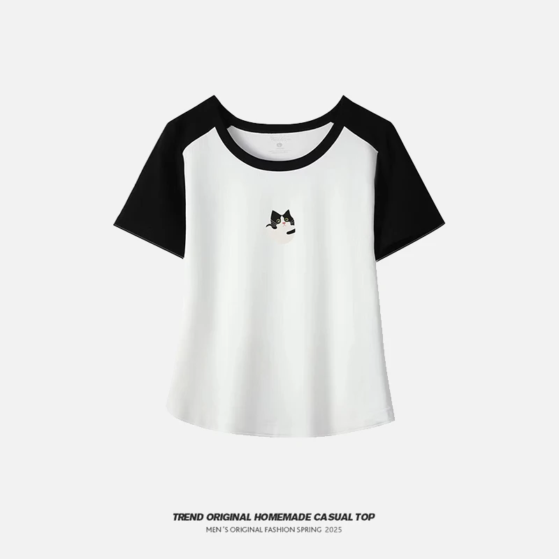 卡通萌萌猫拼色短袖女夏季修身显瘦纯欲风辣妹插肩袖上衣T恤女