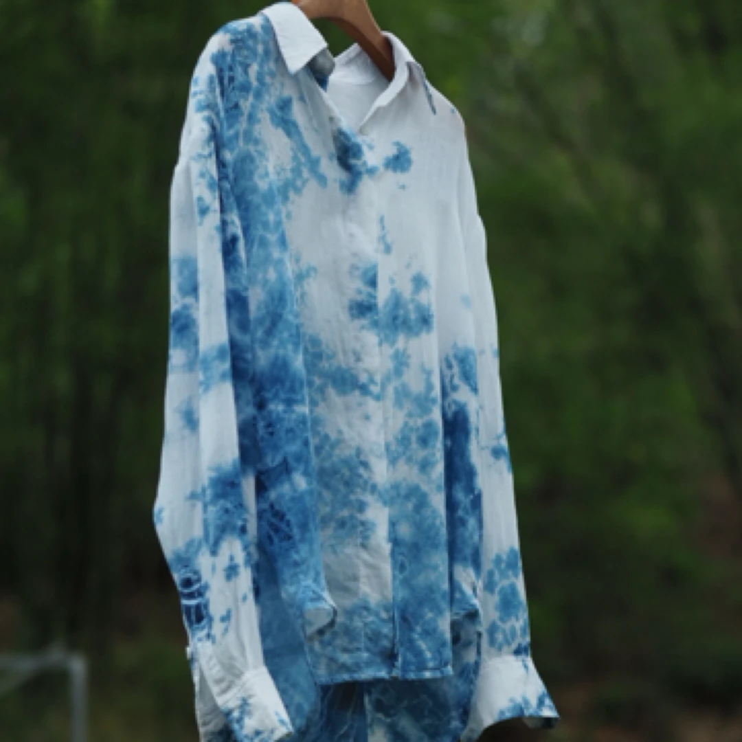 纯手工蓝染扎染碎花蓝色防晒衬衫春夏季节遮阳必备