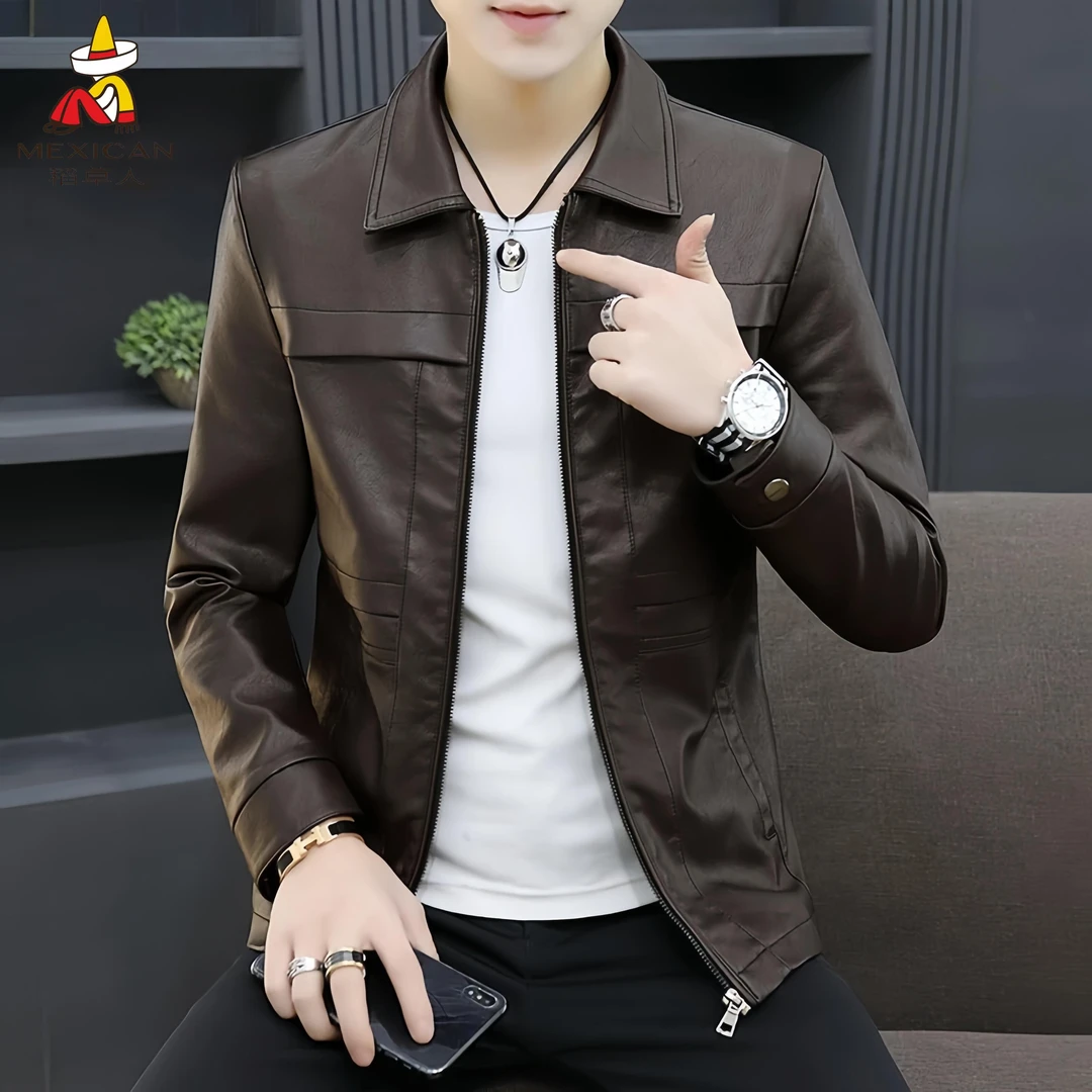 Mexican/稻草人春秋男士修身商务百搭皮夹克潮流潮流时尚休闲外套