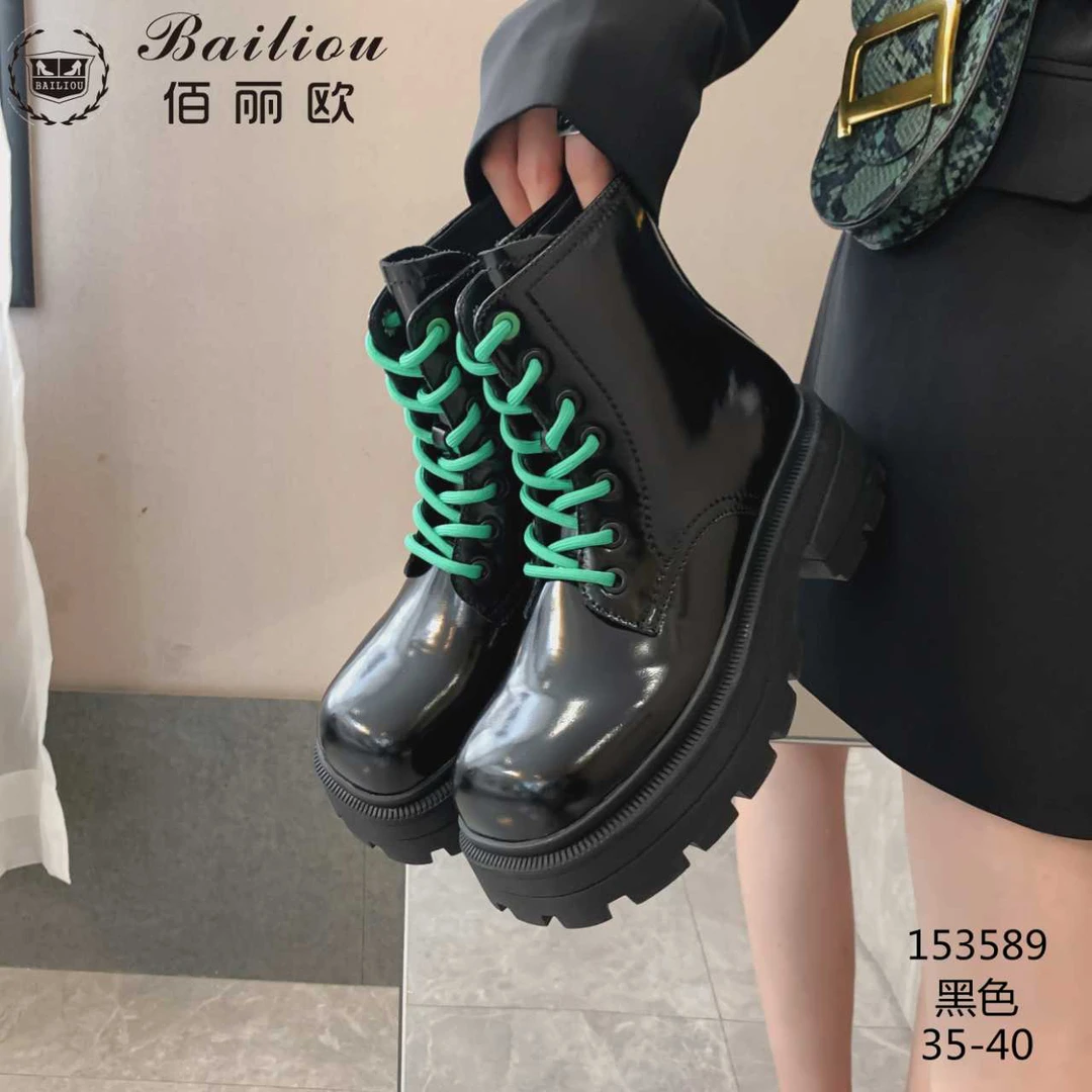 153589真皮女马丁靴小个子厚底增高拼色单靴