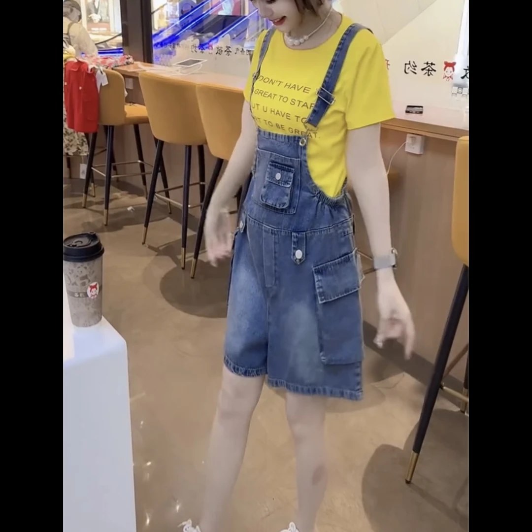 夏季高腰中腰工装风学院风背带短裤搭配短袖套装两件套