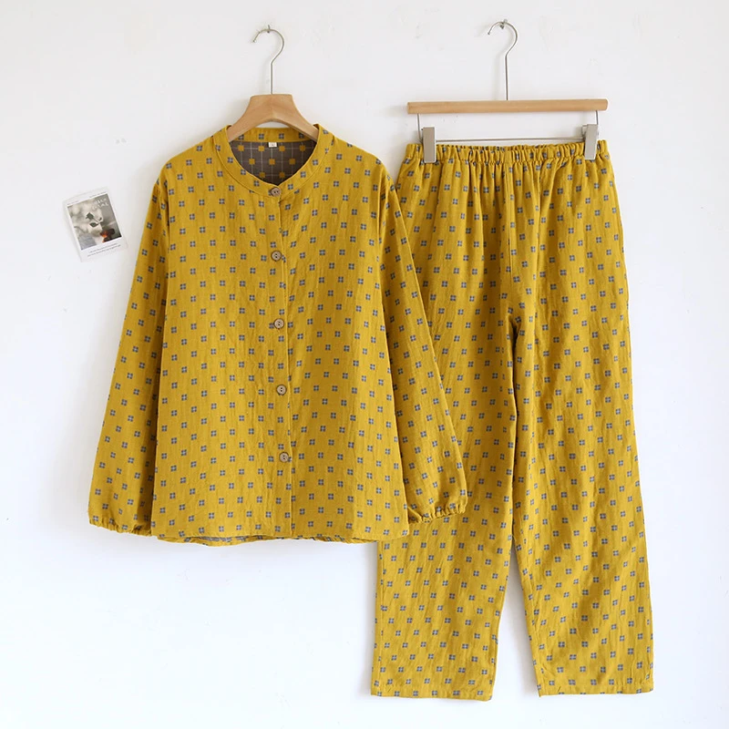 【圆领花妍】简约情侣全棉双层纱布睡衣长袖家居服