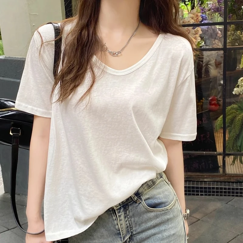 【月月专属】竹节棉短袖t恤女v领夏季宽松白色棉麻半袖薄款冰丝上衣