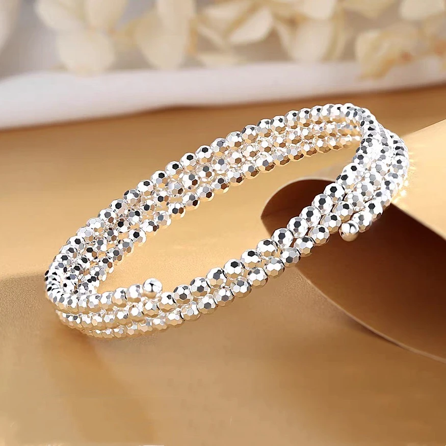 足银手链 足银镭射圆珠三圈手链女纯银手镯B194