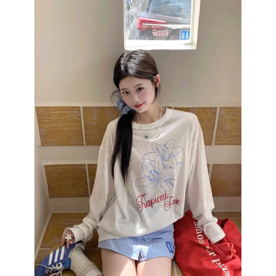 少女感ins百合印花微透长袖女春夏薄款休闲纯欲百搭防晒罩衫上衣