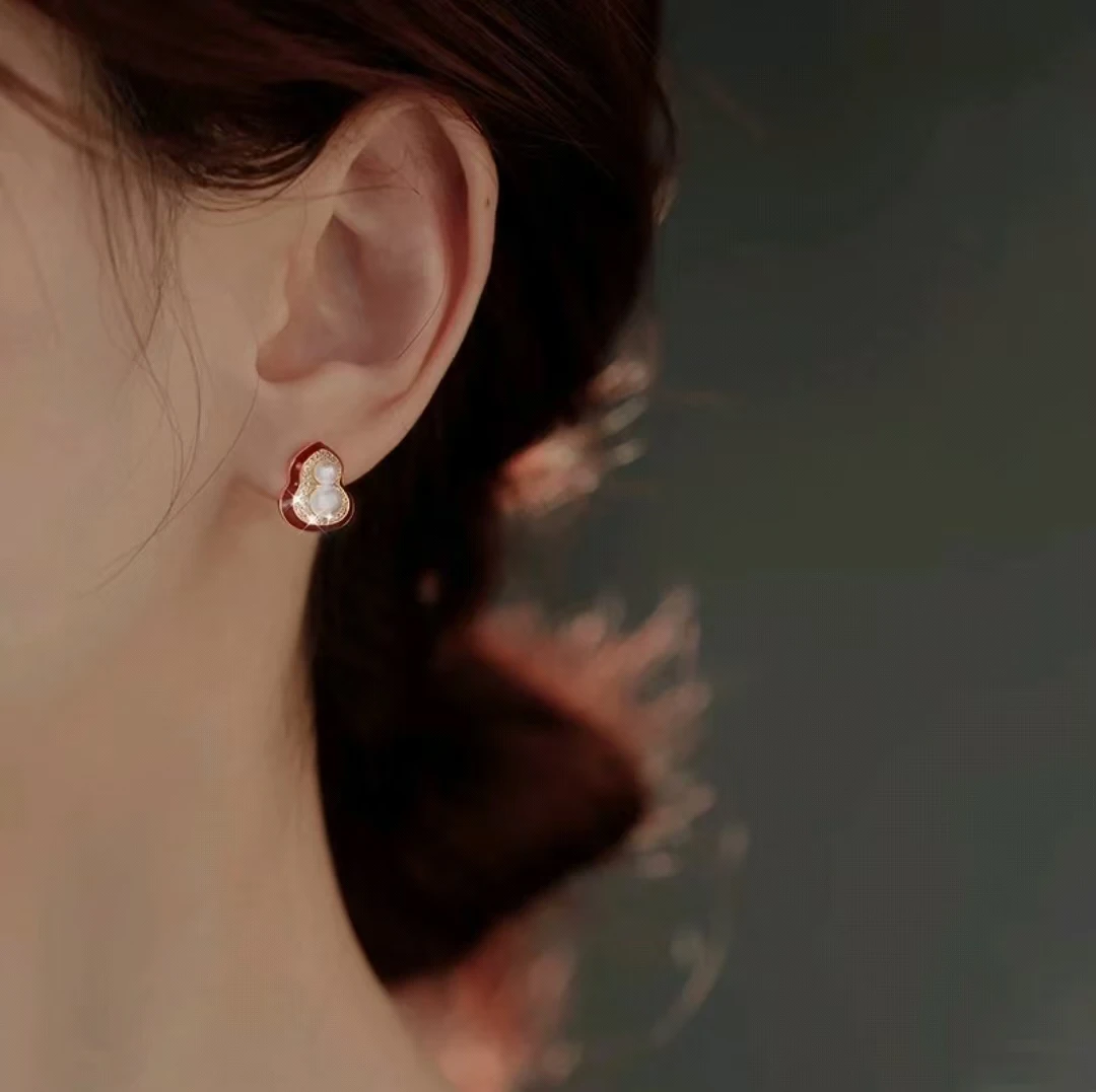 铜合金耳饰 红色气质简约耳饰镶钻几何甜美设计感耳钉女N3583