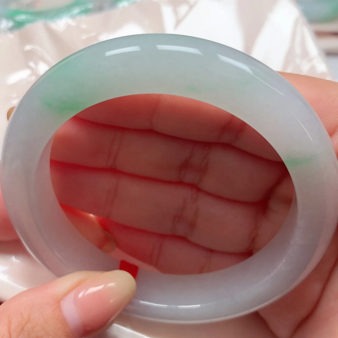 翡翠未镶嵌手镯57冰胶金丝绿厚装