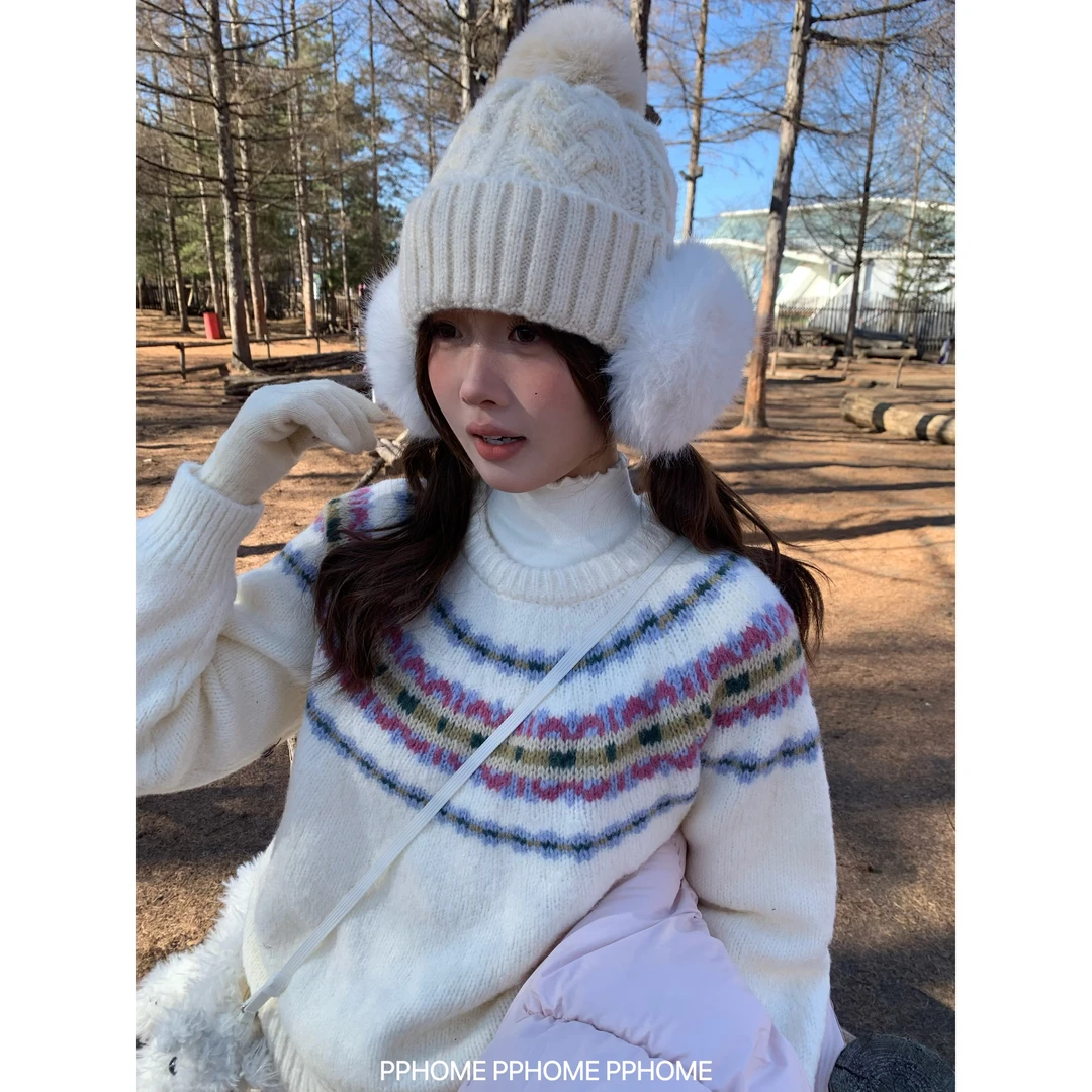 超美配色 复古费尔岛撞色提花针织衫毛衣软糯长袖上衣