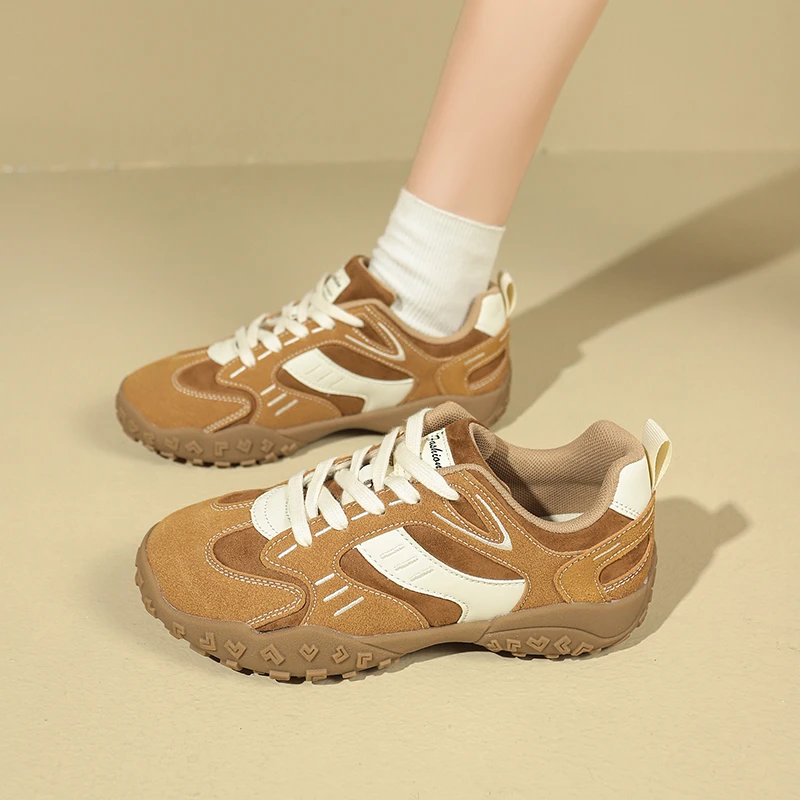 复古德训鞋女2025春季新款咖色厚底老爹鞋休闲百搭运动鞋子