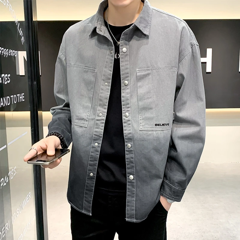 因纳巴敦长袖男士牛仔纯棉春秋季新款翻领渐变工装休闲夹克外套