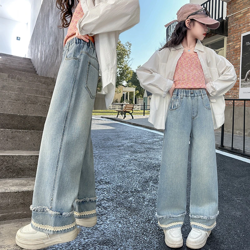 女童牛仔裤春秋款2025新款儿童时髦洋气长裤女大童韩版直筒阔腿裤