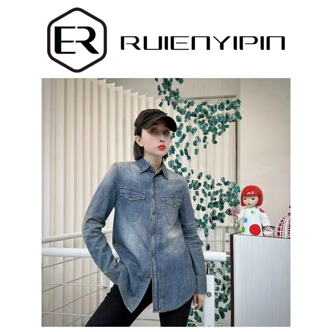 6587#双口袋弧边牛仔衬衫*