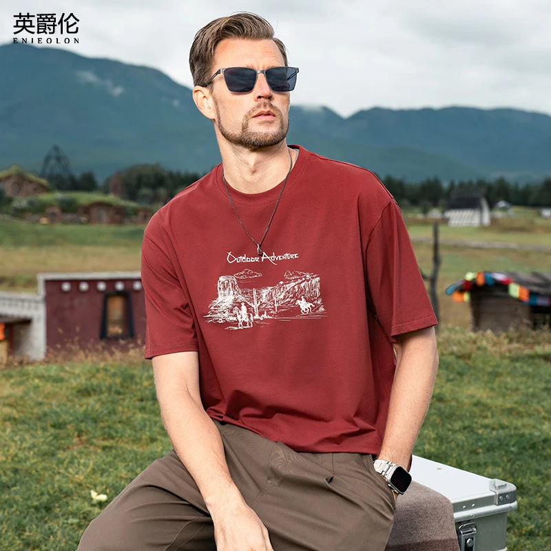 英爵伦 凉感短袖t恤男2025新款夏季复古美式印花体恤潮半袖T9538