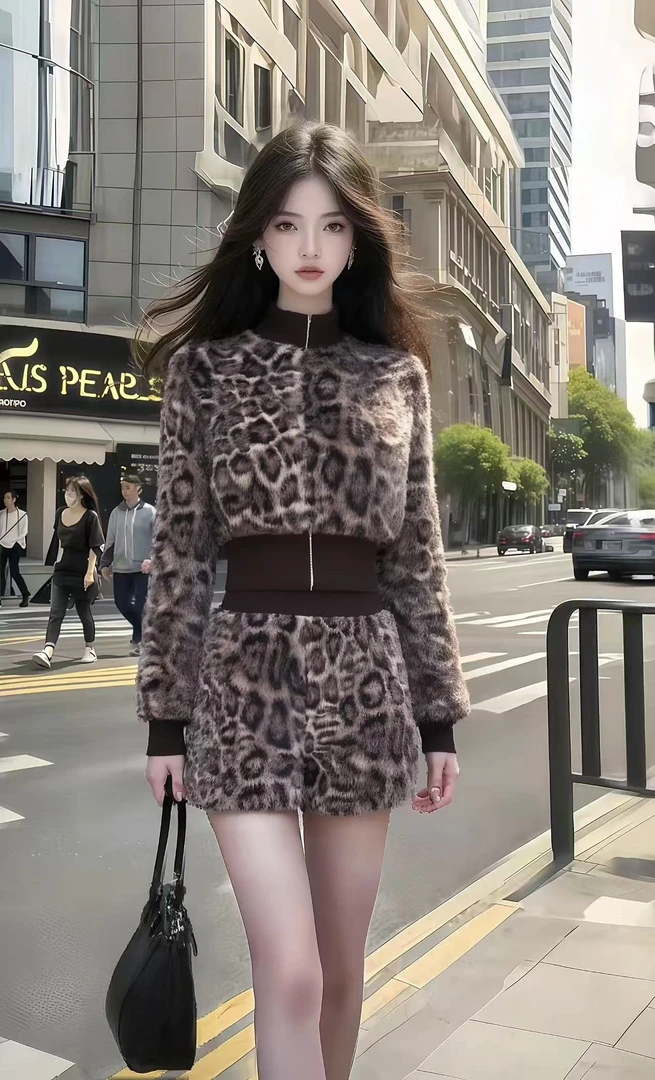 秋冬时尚氛围感小香风豹纹拉链长袖修身外套+豹纹百搭短裤两件套