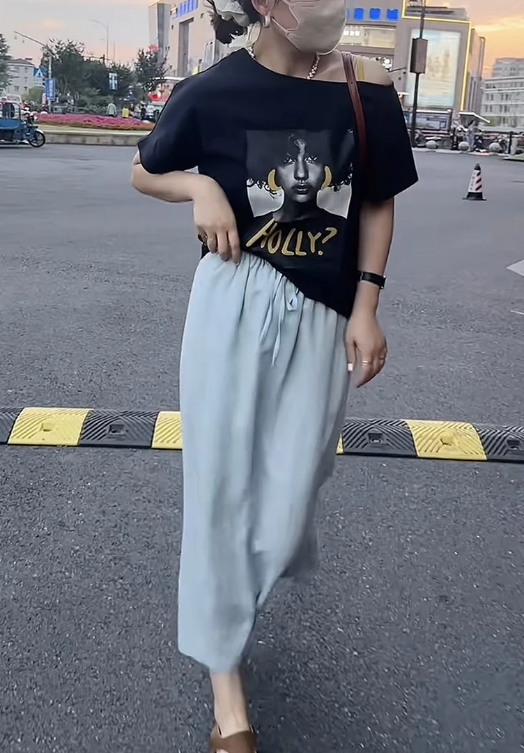 UM韩系美女图案单边露肩短袖T恤2025夏季新款短袖T恤