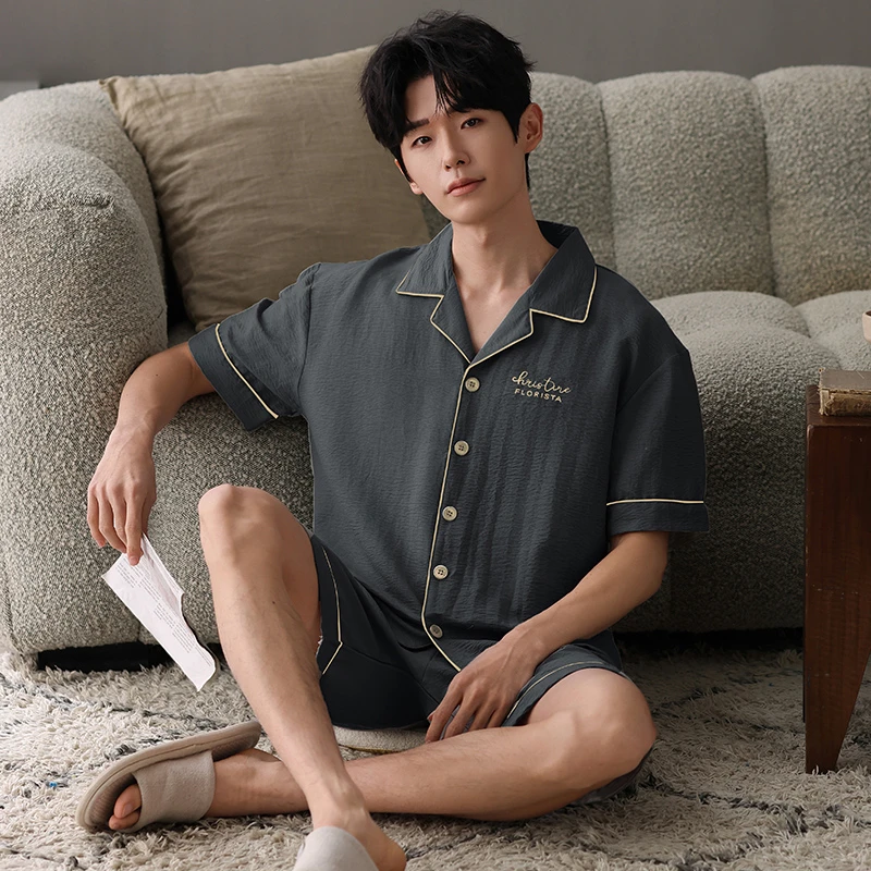 新款2025莉莉家男士开衫短袖短裤纯棉睡衣藏青家居服套装可外穿