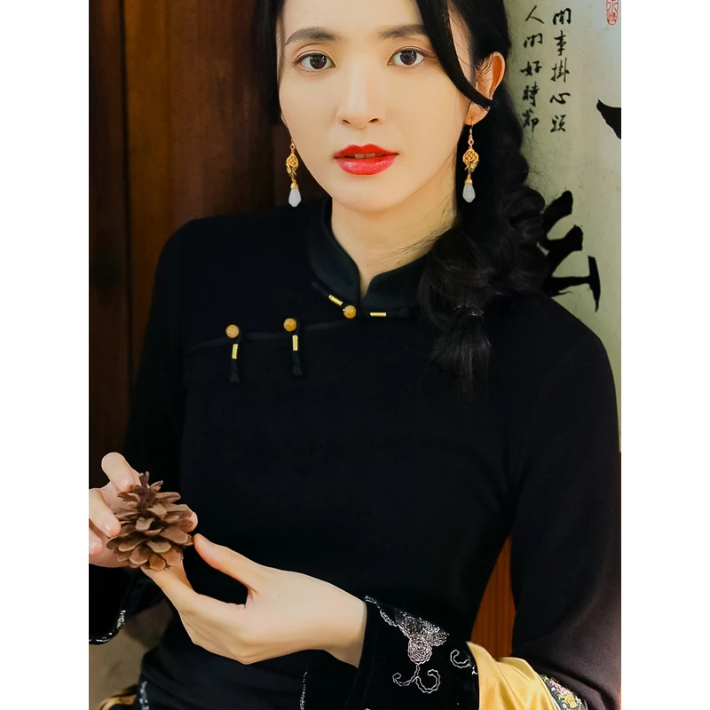 复古日记秋冬季新中式长袖小立领打底刺绣中式女上衣T恤237T6185