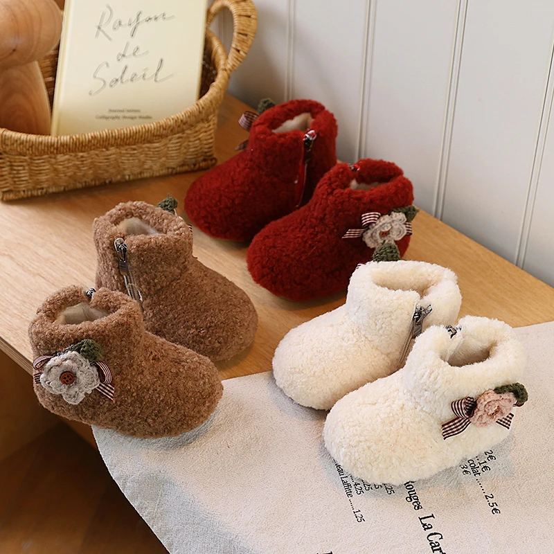 16-25女童冬季簪花公主加绒可爱短靴保暖拉链款毛毛鞋加厚棉鞋729