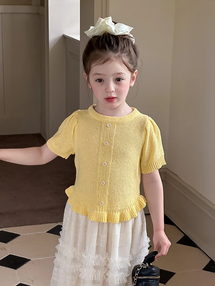 【现货已开价】2025夏童装温柔风洋气亮片花边针织短袖上衣25C174