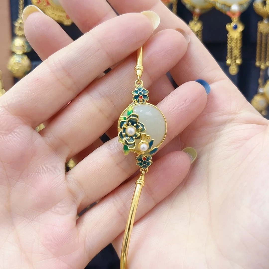 和田玉银S925镀金镶嵌手链