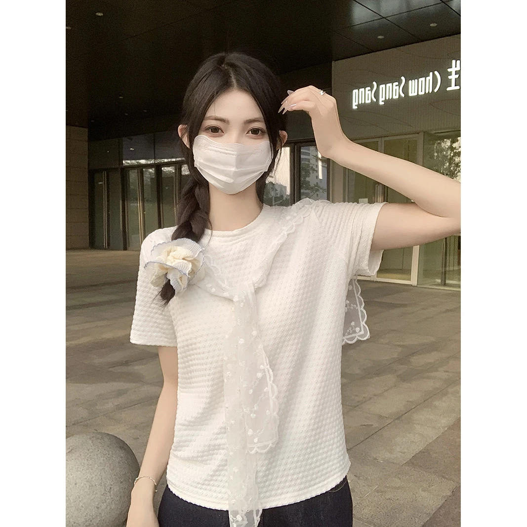 【小曹大码】夏装新款女甜美时尚蕾丝披肩正肩短袖T恤-ONL33605