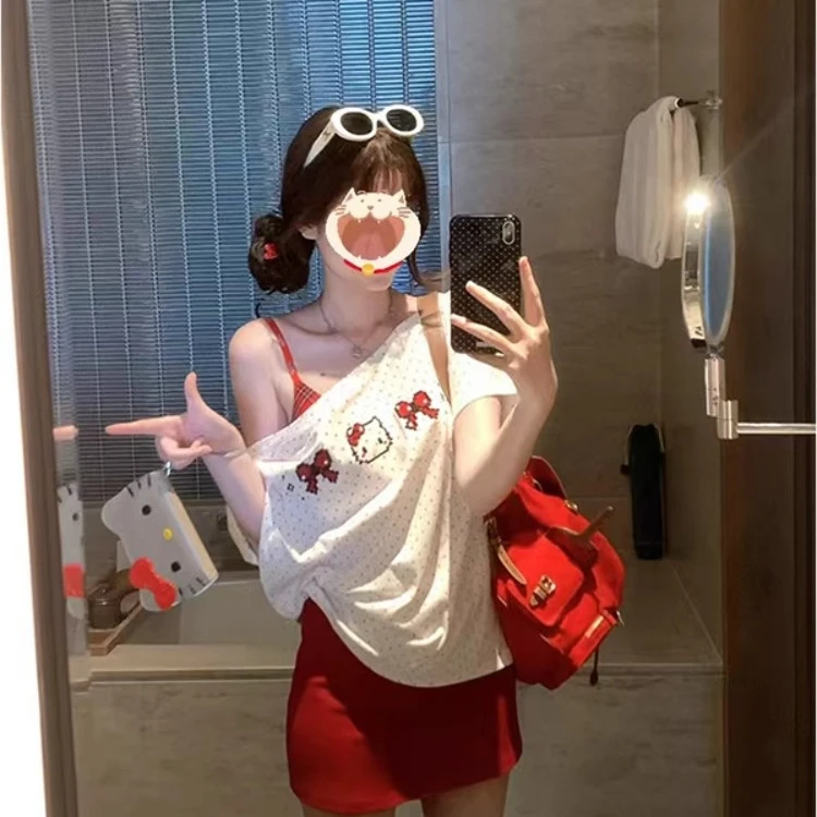 刺绣猫咪波点甜辣妹纯棉短袖t恤女夏修身显瘦纯欲风斜肩短款上衣