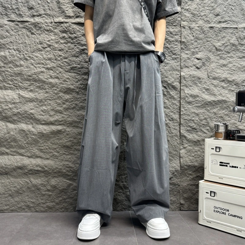 灰色纯色褶皱大直筒垂感拖地休闲长裤新款男工装男士垂感阔腿长裤