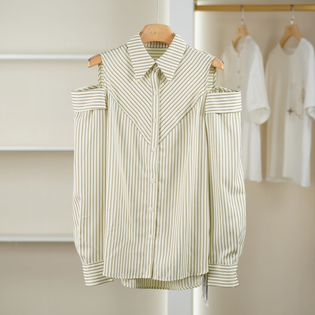 麦迪尚品【夕Y】50909532 春季时尚条纹小心机露肩衬衫品牌女装