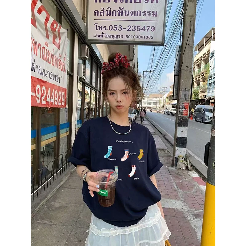休闲慵懒风藏青色短袖宽松T恤女早春新款美式圆领趣味印花上衣