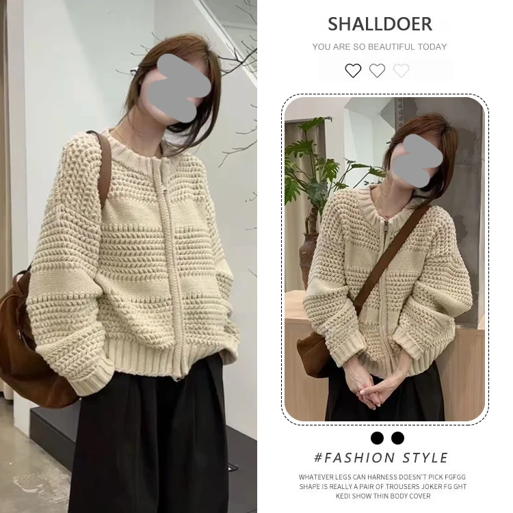 2025秋季新款套头韩系圆领纯色设计感长袖针织开衫简约显瘦上衣