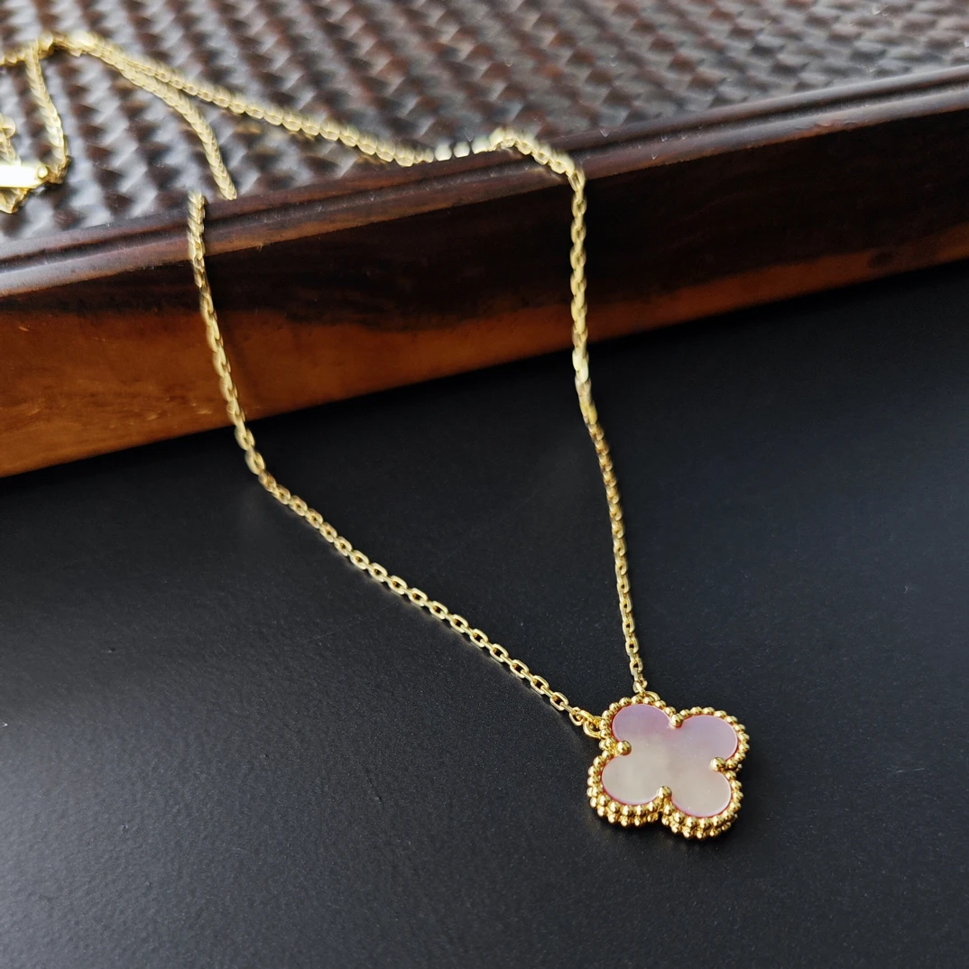 (重版)18k金粉色贝母四叶草生日礼物项链15mm迷你