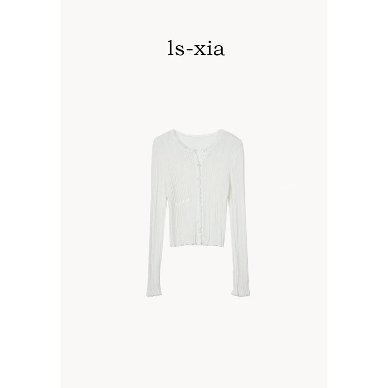 【素影】时尚气质修身蕾丝牙领针织T恤衫