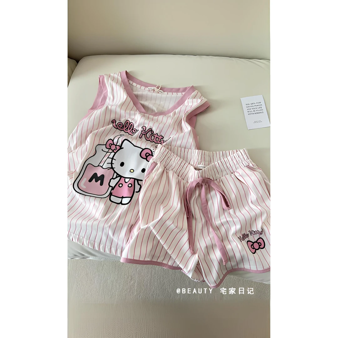 韩系甜美条纹Kitty猫睡衣女2025新款夏季无袖背心短裤家居服套装