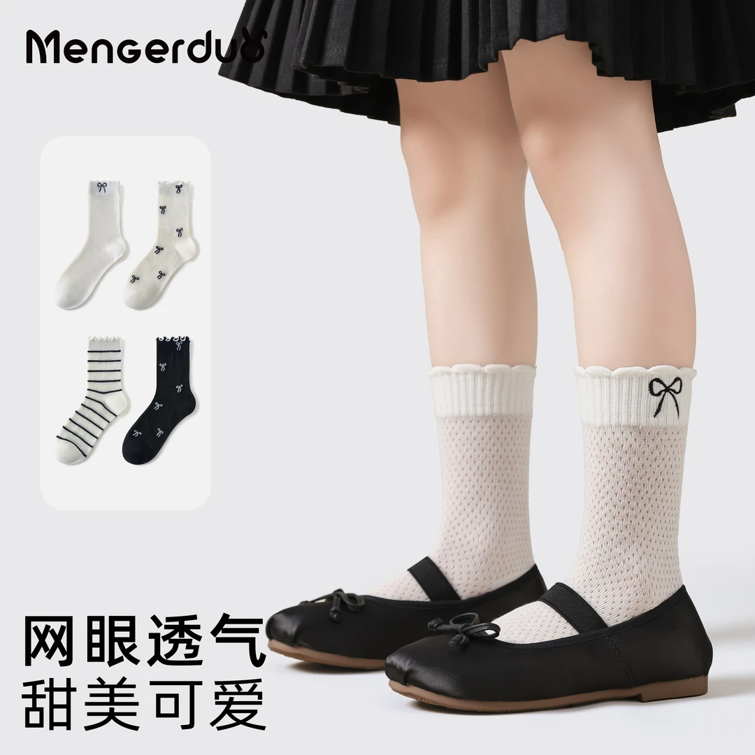 儿童袜子蝴蝶结中筒袜透气网眼薄款花边女童春夏棉袜白色无骨袜