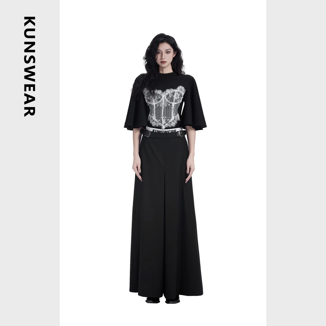 KUNSWEAR/琨丝薇尔25SU 蕾丝拼接收腰时尚蝴蝶袖上衣女 834004280