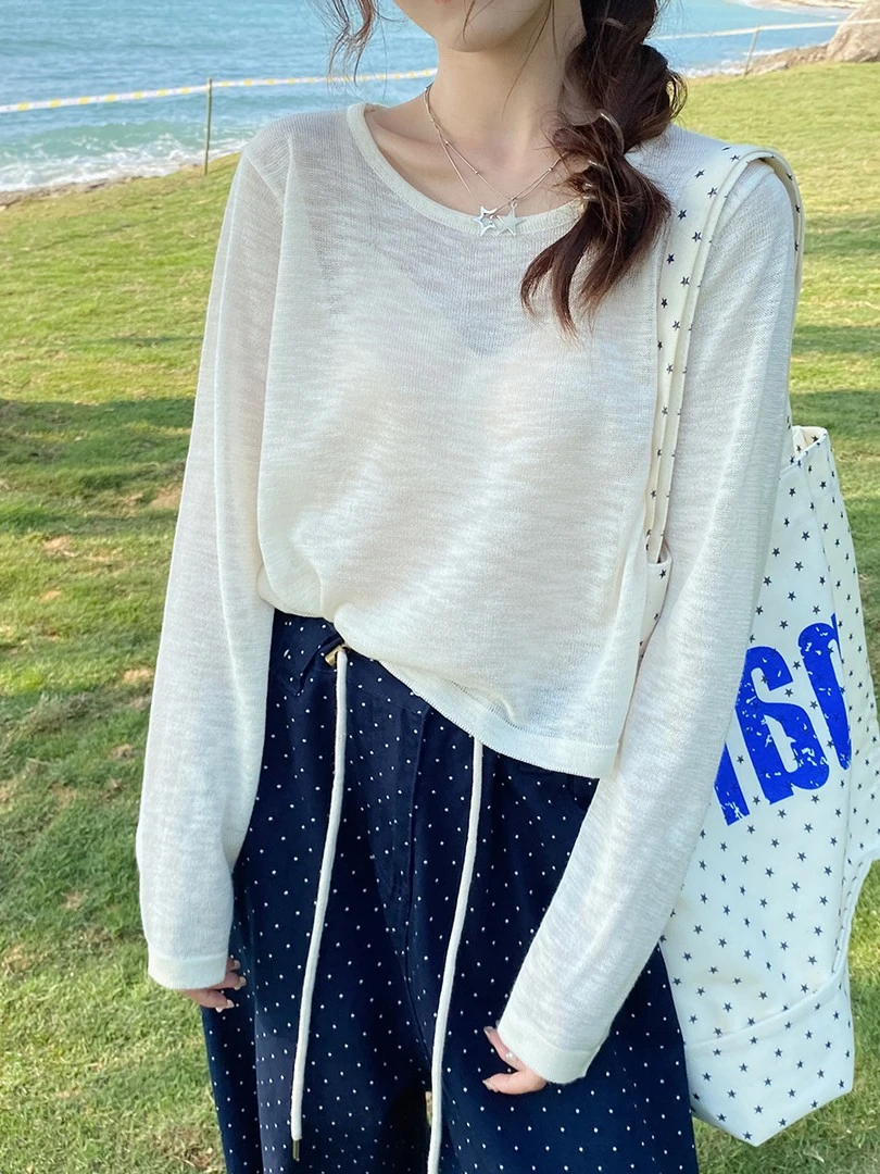 度假海边穿搭薄款女新款夏季外搭微透防晒罩衫长袖t恤圆领上衣服