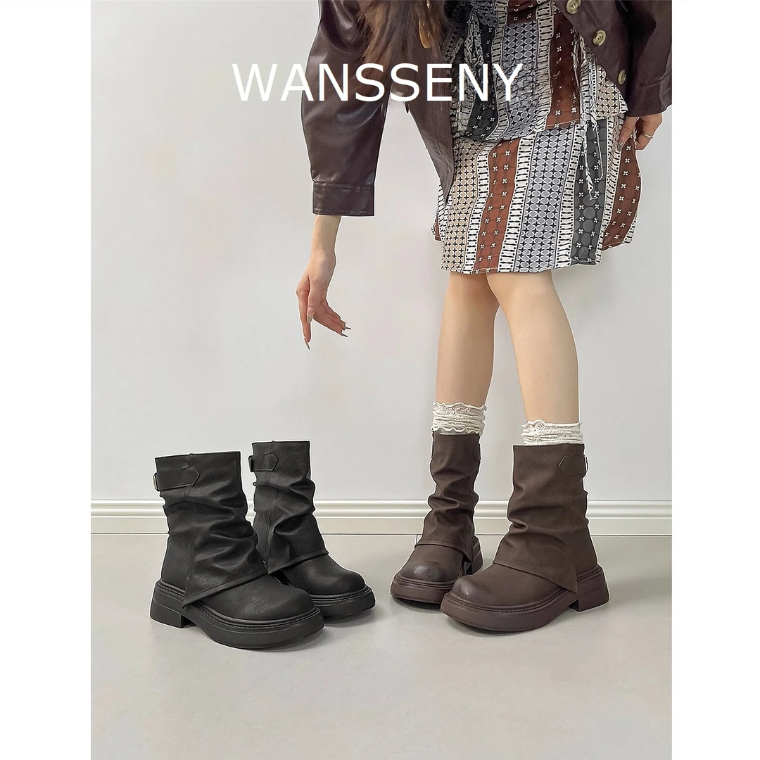 真皮厚底超火英伦风马丁靴女款2025新款棕色美拉德短靴堆堆裤管靴