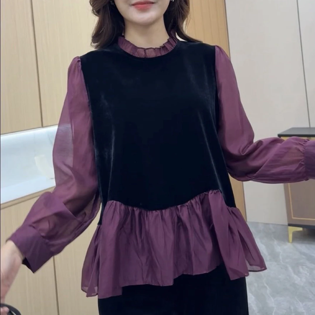 26春季新款老钱风丝绒荷叶边拼接撞色长袖打底衬衫显瘦百搭