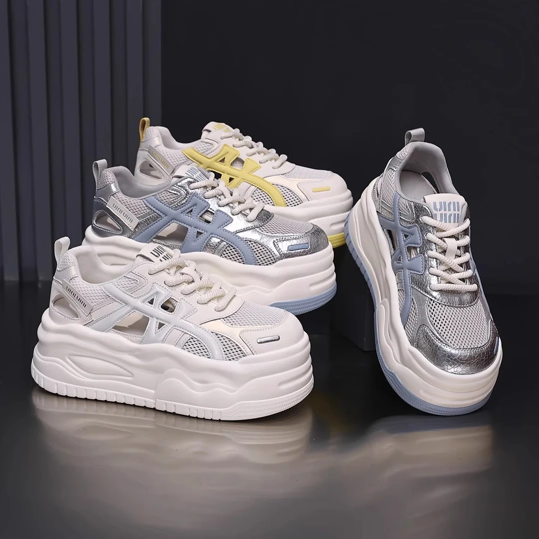 白鹿同款7CM厚底休闲网面镂空小白鞋女2025夏新款透气软底松糕鞋