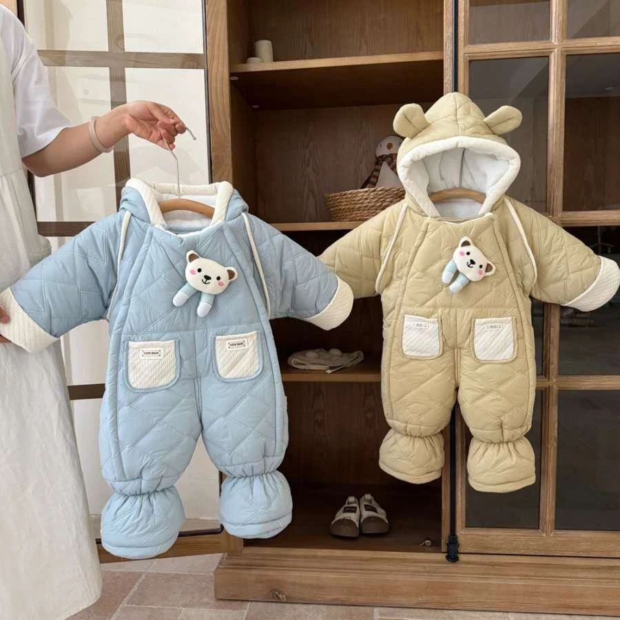 宝宝冬季加厚连体衣包脚婴儿夹棉套装婴儿保暖外出哈衣加绒防风衣