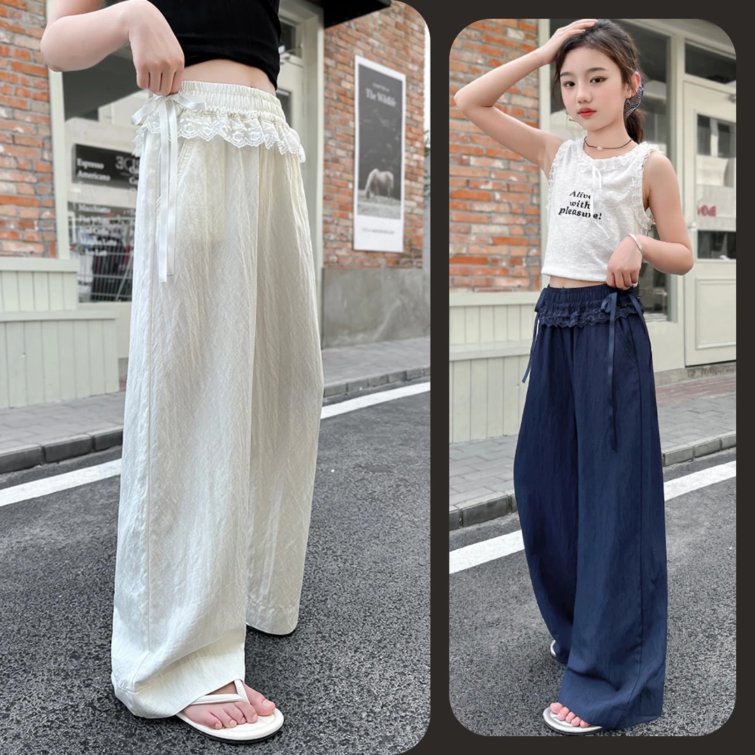 女童蕾丝花边休闲防蚊薄款长裤中大童儿童6-12岁洋气直筒垂感长裤