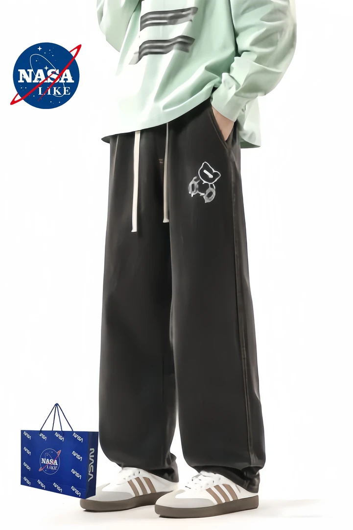 NASA联名男士秋季美式男牛仔裤百搭长裤夏季水洗小熊印花运动长裤