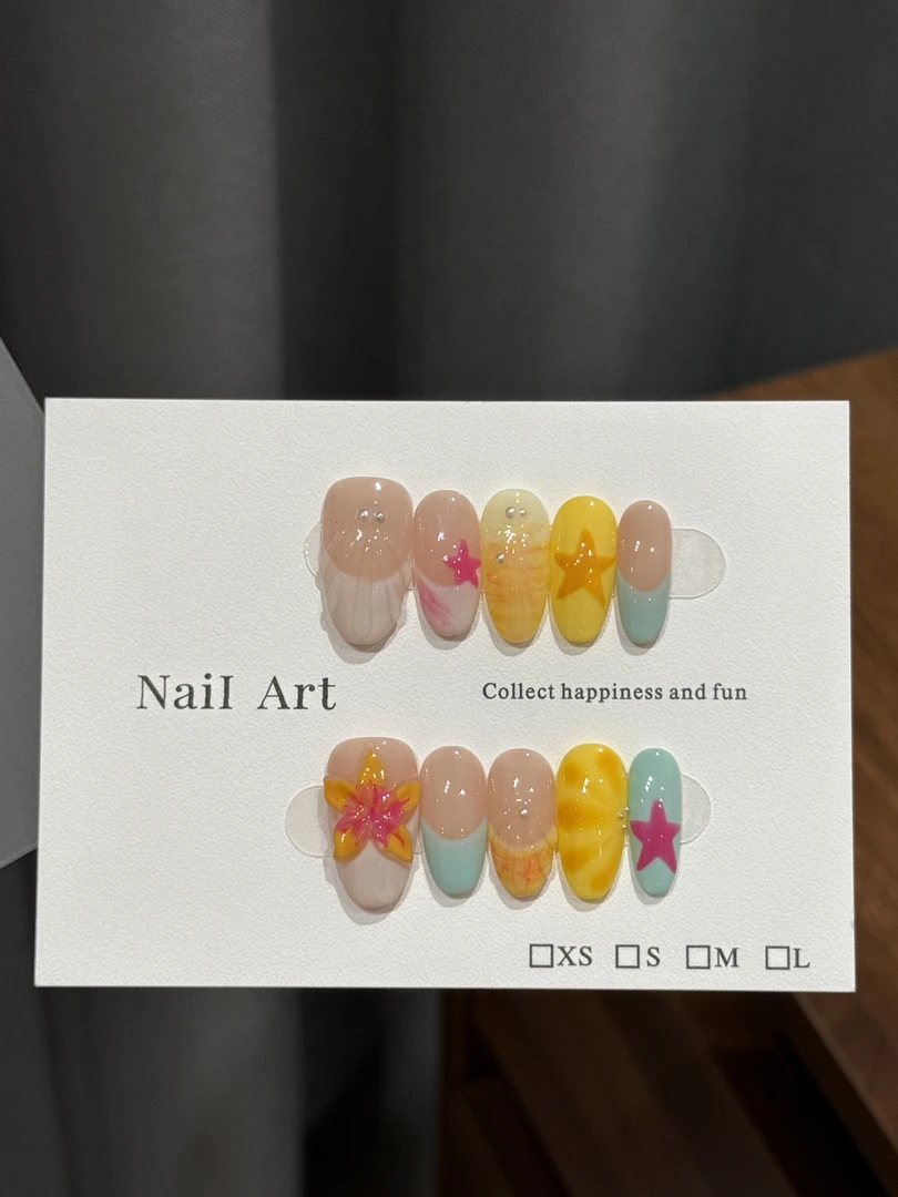 【夏威夷】拾星手工显白氛围感多巴胺立体雕花夏日可爱星星穿戴甲