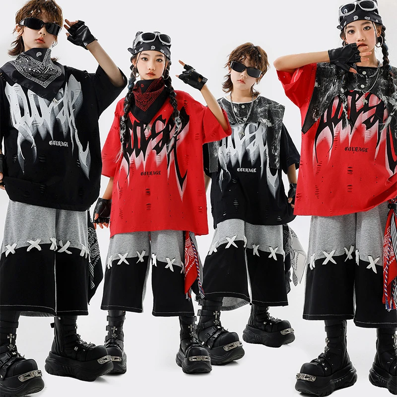 儿童嘻哈街舞服夏季男女孩子帅气潮牌T恤七分裤炸街架子鼓演出服